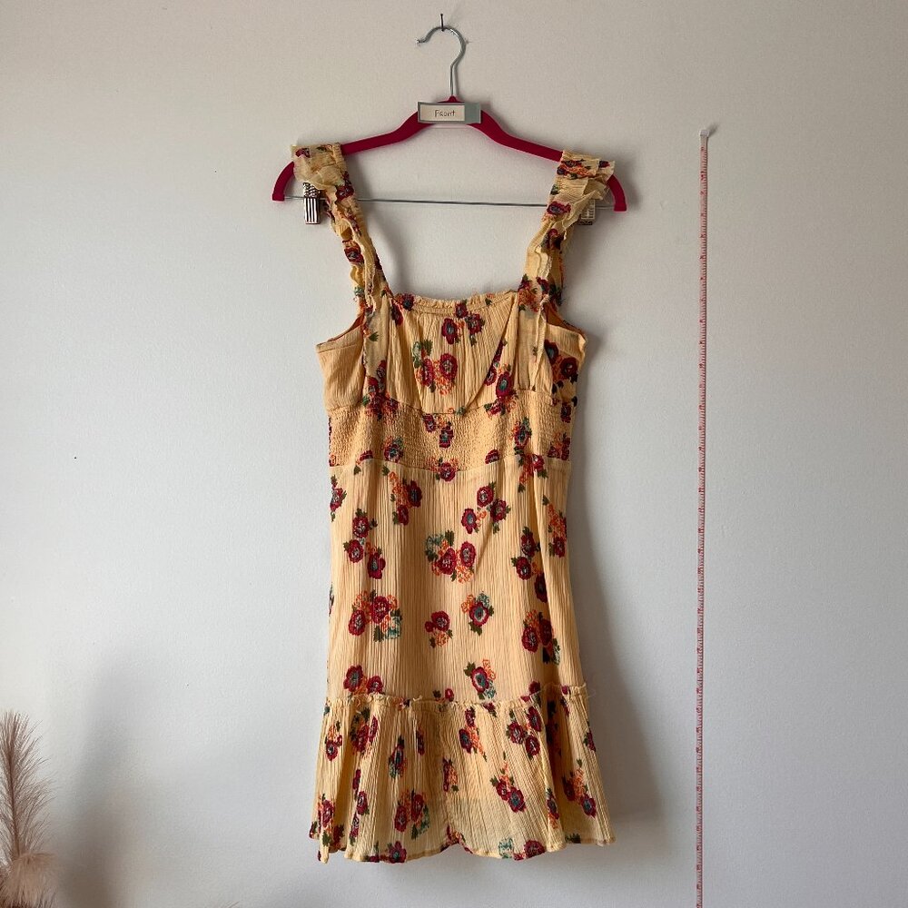 Urban Outfitters Yellow Floral Mini Dress with Ruffle Straps & Hem | Size M